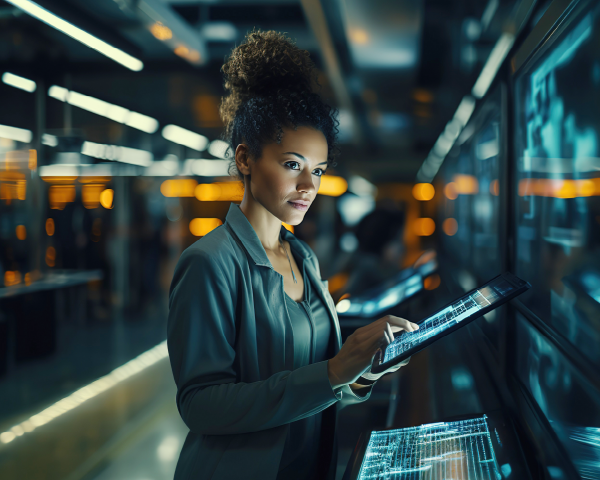 Une femme surveille des données chiffrées sur un écran.